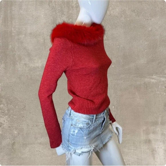 Red Knit Sweater Faux Fur Trim Collar Y2K Glam Winter Top Medium - Picture 2 of 8